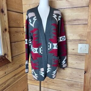 Southwestern Geometric Cardigan Women Large Grey Red Aztec Open Front Handmade